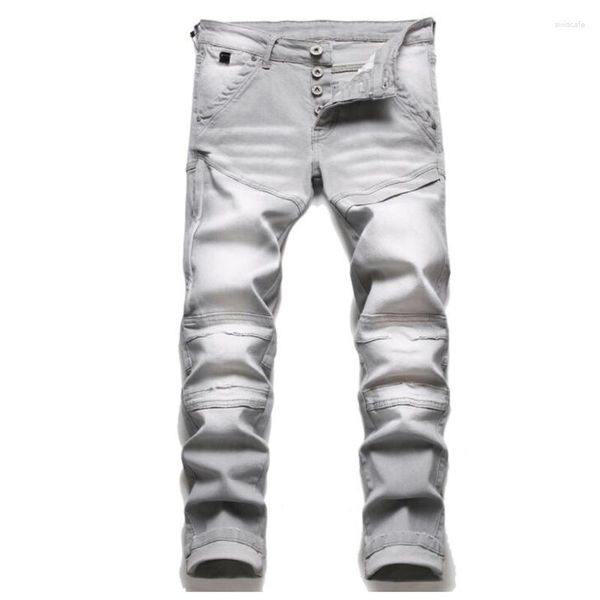 Мужские джинсы, весенние брюки, осенние европейские и американские джинсы по фен-шуй, серые, тонкие, маленькие, эластичные, для мотоцикла