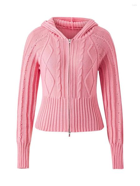 Suéteres femininos elegantes e aconchegantes Suéter feminino de malha grossa grande com capuz – Cardigã com zíper estilo Y2K moderno para look casual chique