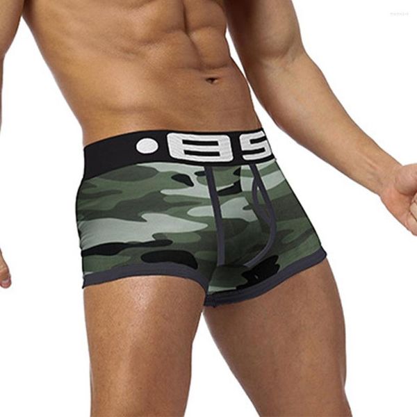 Cuecas masculinas sexy roupa interior shorts u bolsa boxer briefs fino confortável camuflagem convexa separação calcinha plana boxers