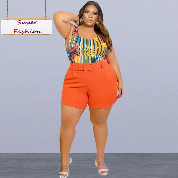 Mulheres Plus Size Tracksuits XL5XL Verão Duas Peças Set Roupas Sexy Casual Bodysuit Shorts Ternos com Cinto Indrop Atacado 230905