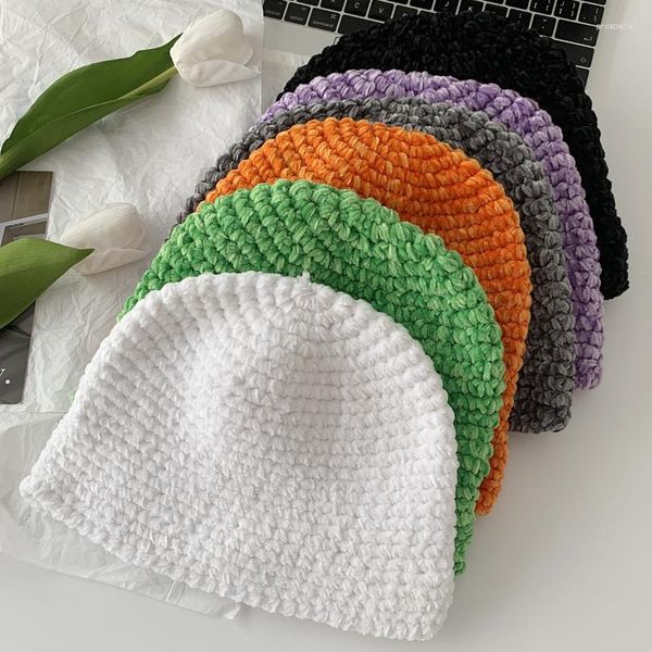 Berets Chenille Tricô Beanie Chapéu Mulheres Inverno Crochet Fleece Cap Quente Pescador Chapéus Protetor Solar Panamá Caps para