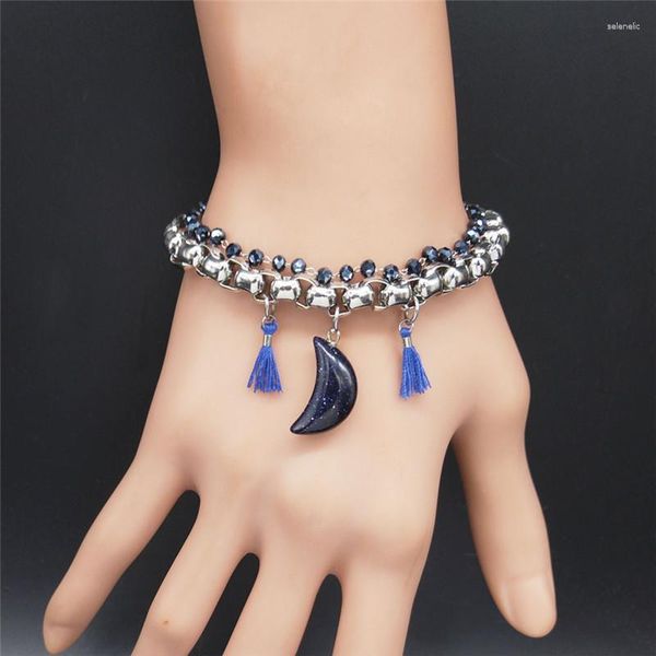 Braccialetti a maglie Bracciale Boho in acciaio inossidabile con arenaria blu Bracciale donna color argento con nappa Pulseras Mujer B18660