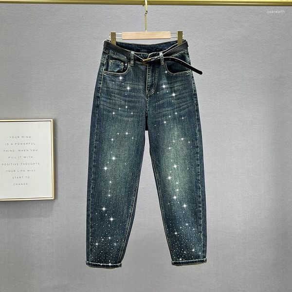 Jeans da donna pantaloni larghi in denim con strass abbigliamento 2023 jeans lavati casual per ragazze Harem larghi elasticizzati autunnali
