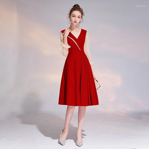 Abbigliamento etnico Vino rosso Abito vintage Matrimonio Toast Sexy Manica in pizzo Scollo a V Fidanzamento Abiti da cocktail francesi quotidiani alla moda Qipao