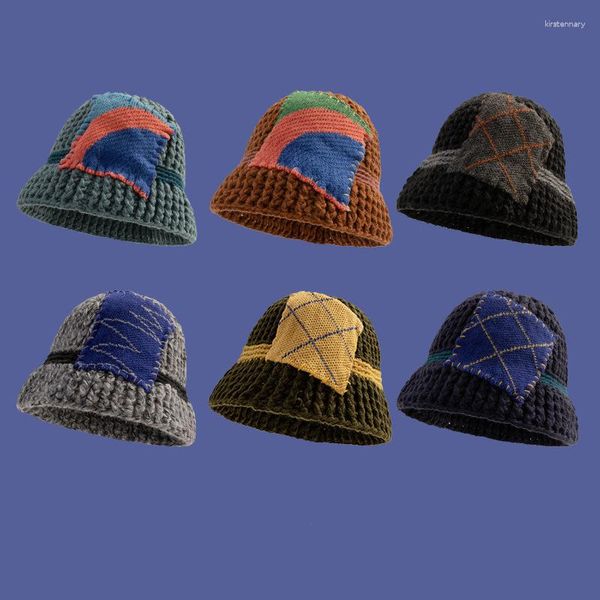 Berets Inverno Designer Japonês Vintage Contraste Adesivos Feitos à Mão Chapéu de Balde de Malha para Mulheres Casuais Gorros Skullies