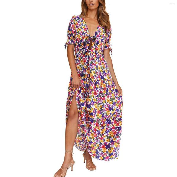 Vestidos casuais floral prin mulheres 2023 verão feminino laço frente v pescoço manga curta split longo sundresses para mulheres