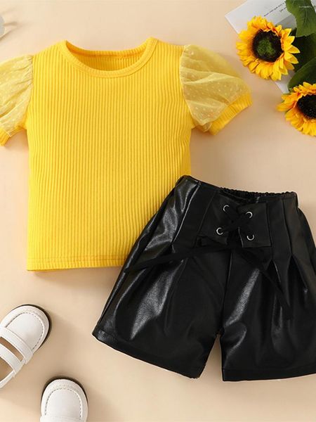 Комплекты одежды Listenwind для маленьких девочек 1–6 лет, 2 предмета, летние повседневные наряды, сетчатый желтый топ в рубчик с короткими рукавами, кожаные шорты, комплект детской одежды