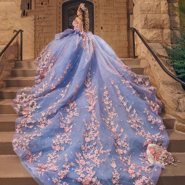Сиреневое платье Quinceanera 2024, бальное платье принцессы с открытыми плечами для выпускного вечера Sweet 16 XV, пышное мексиканское платье на день рождения