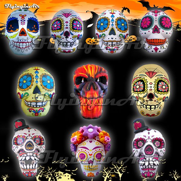 Stili multipli Spaventoso gigante illuminato malvagio sorridente teschio gonfiabile La Calavera Catrina Palloncino con luce a LED per Halloween e eventi del giorno morto