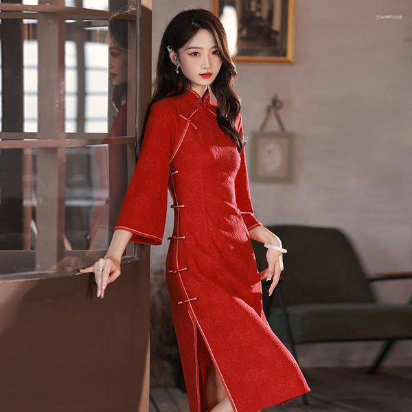 Этническая одежда, китайское традиционное платье, женское платье Ципао с половиной рукавом, красное современное платье Cheongsam, халат в восточном стиле, женский костюм в китайском стиле