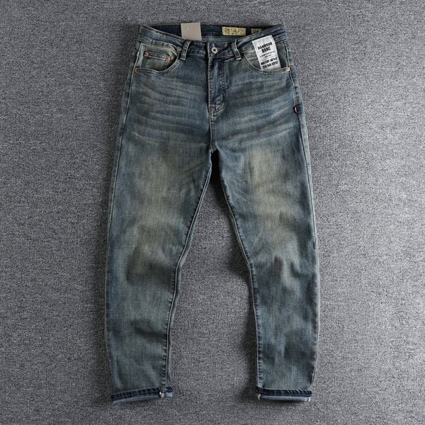 Damenhose, Caprihose, Taschenaufnäher, amerikanische Retro-Jeans, alte verwaschene blaue Jeans, Herren-Passform, kleine gerade Joker-Vier-Jahreszeiten-grüne Hose 230905