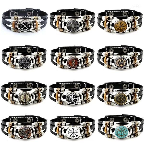 Charm Armbänder Wikinger Kompass Leder für Frauen Männer Punk Retro Glas Druckknöpfe Armband Schmuck Accessoires Geschenke