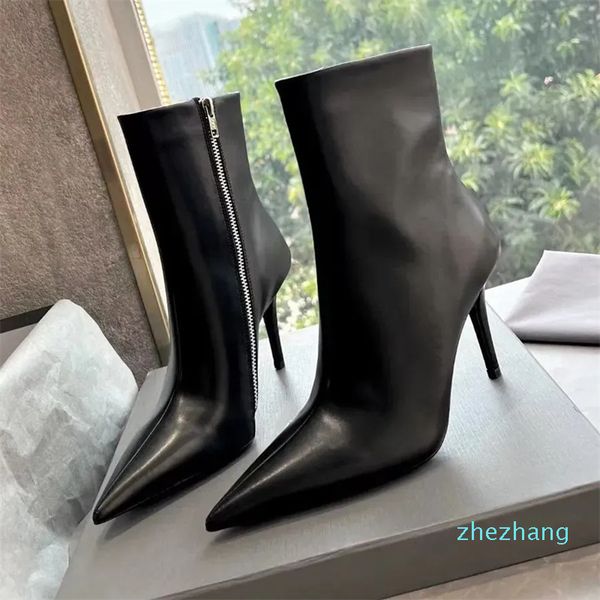 2023-Witch Bootie Mulheres Negras Botas de Tornozelo de Luxo Couro Genuíno Zíper Lateral Apontado Toes Salto Moda Botas 110mm Sexy Party Dress Sapatos de Salto Alto