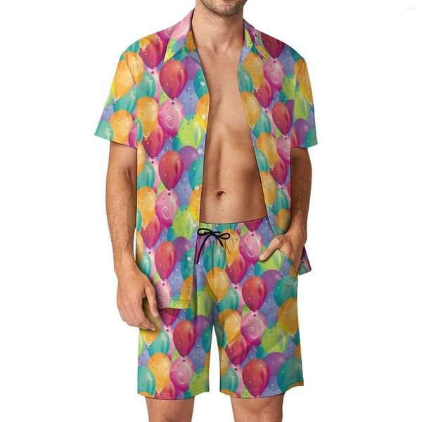 Tute da uomo Party Balloon Set da uomo Stampa colorata Camicia casual Set Abbigliamento da spiaggia estetico Pantaloncini Abito grafico estivo Abbigliamento in 2 pezzi Grande