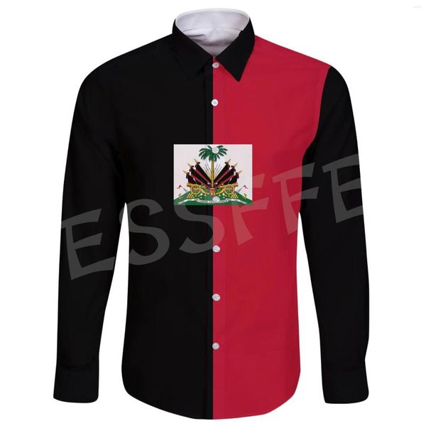 Camisas casuais masculinas Nome personalizado País Bandeira Caribe Mar Haiti Retro Vintage Tatuagem 3DPrint Streetwear Harajuku Homens Mangas Compridas X6