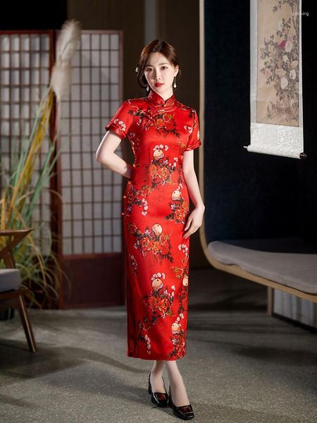 Ethnische Kleidung Elegante Sommer Lange Schlanke Seide Cheongsam Laufsteg Rot Mode Bankett Party Qipao Chinesischen Stil Hochzeitskleid Für Frauen
