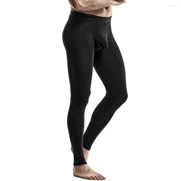 Homens sleepwear homens sexy gunmetal separado calças elásticas térmicas virilha bulge bolsa quente leggings alta estiramento longo john bottoms roupa interior