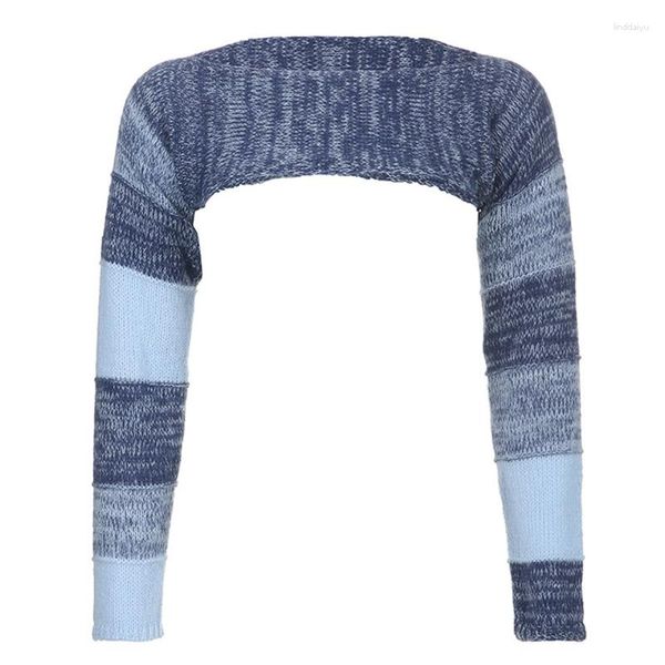 Suéter feminino com gola redonda, suéter manga comprida, gola alta, aquecedor de braço tricotado