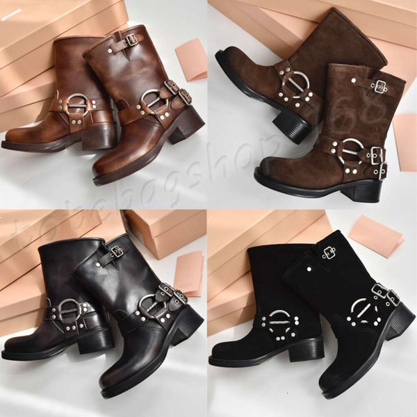 Designer-Stiefel für Damen, kurzer Stiefel, Miui Vintage, runde Zehenpartie, Plateau-Martin-Stiefel, Lederschnalle, dicker Absatz, Western-Riderstiefel mit mittlerer Wade, Motorrad-Winter-Knöchelstiefel