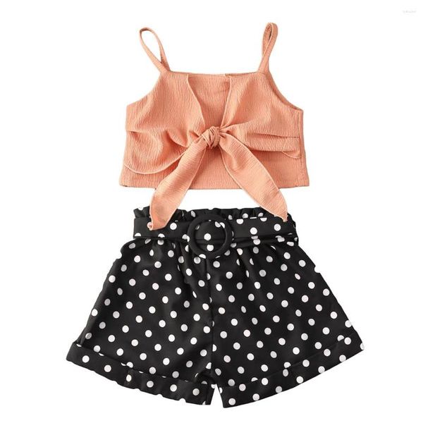 Set di abbigliamento Vestiti per bambina Vestiti estivi Cinturino in tinta unita Bowknot Crop Top Pantaloni corti a pois 2 pezzi Abiti Tute prendisole 1-6 anni 2023