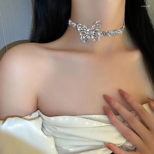 Gargantilha europeia e n moda personalidade exagerada diamante-incrustada borboleta colar estilo design clavícula corrente