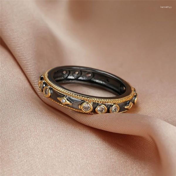 Hochzeit Ringe Hip Hop Männlich Weiblich Weiß Runde Kristall Ring Luxus Schwarz Gold Für Frauen Männer Vintage Stern Zirkon Engagement