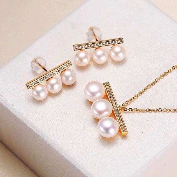 Set di orecchini e collana di perle d'acqua dolce naturali da 2 pezzi per donna Commercio all'ingrosso di gioielli in oro 14 carati di alta qualità