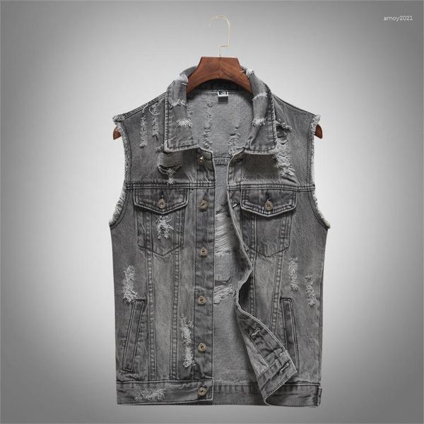 Gilet da uomo 2023 Gilet di jeans autunno primavera/estate 2023 Grigio Moto strappato per giovani