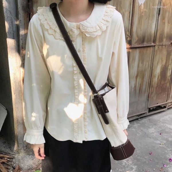 Blusas femininas vintage bonito macio menina lolita boneca colarinho botão apoiado camisa primavera manga longa renda underlay topo