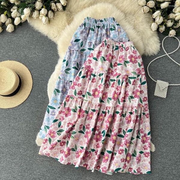 Röcke SISHION 2023 Koreanische Mode Eine Linie Sommer Floral Für Frauen VD4145 Elastische Taille Blau Rosa Urlaub Strand Casual Rock lang