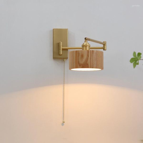 Lampada da parete Ruota Sconce Pull Catena Interruttore Luce Camera da letto interna con spina Scala Paralume in legno Arredamento della camera