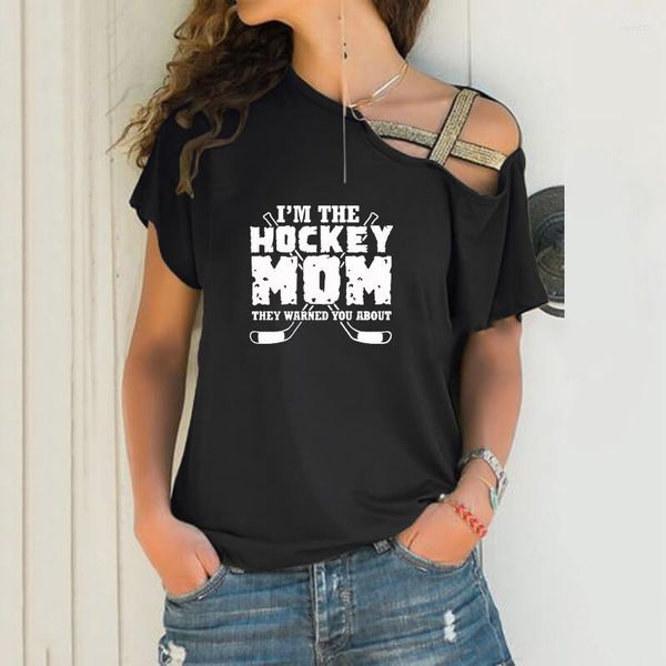 T-shirt da donna I'm The Hockey Mom Cartoon Stampa T-shirt allentata irregolare da donna Sexy collo obliquo Top con fasciatura incrociata per donna amante della madre