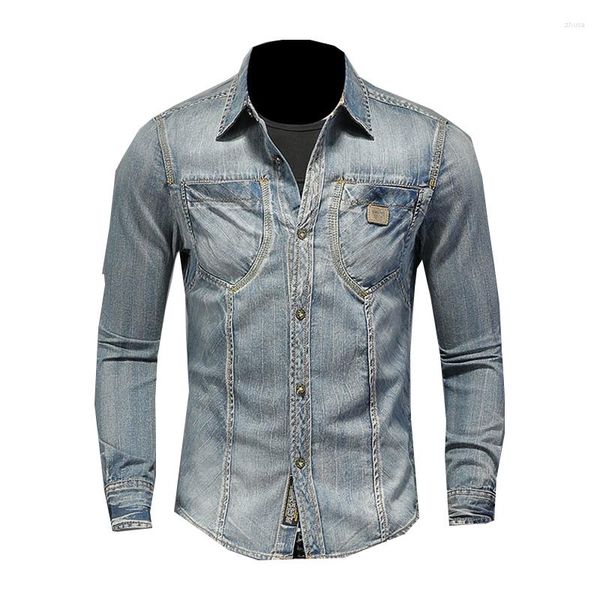 Jaquetas masculinas moda lapela manga longa denim camisa retro magro azul estilo motocicleta streetwear lazer casaco fino