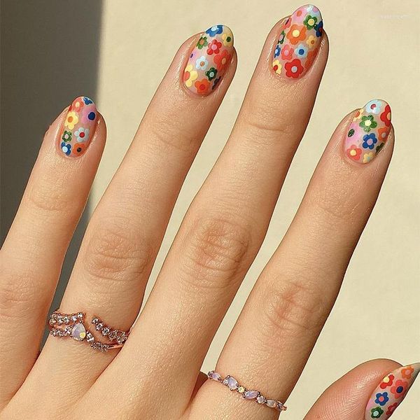 Unhas Falsas 24 Pcs Curto Oval Francês Falso Limão Padrão de Flor Amêndoa Destacável Cobertura Completa Dicas de Unhas Press On