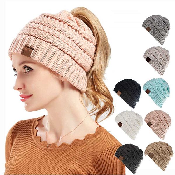 Gorro de rabo de cavalo para mulheres inverno quente gorro cauda macio estiramento cabo malha alta bun chapéu cor sólida branco preto rosa cinza