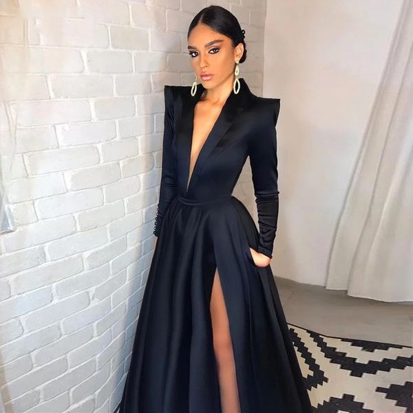 Einfache schwarze lange Meramid-Abendkleider mit hohem Seitenschlitz, tiefem V-Ausschnitt und langen Ärmeln, formelles Abendkleid, arabische Dubai-Partykleider