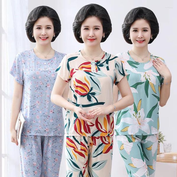 Pijamas femininos verão algodão de manga curta pijamas define senhoras mãe de meia idade e idosos feminino floral impressão L-4XL