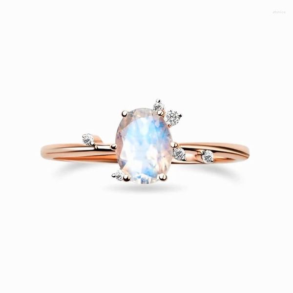 Alyanslar S925 STER STERLING Gümüş Oval Moonstone Gül Altın Yüzük Kadın Moda Çok yönlü lüks