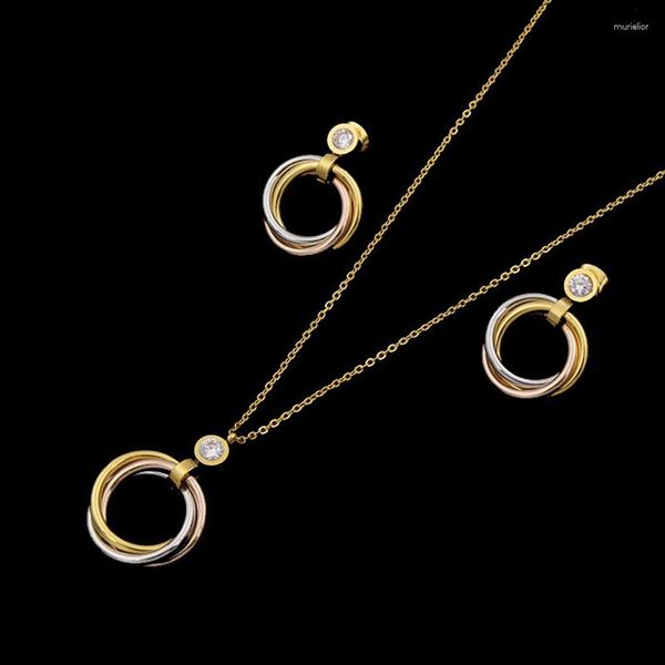 Orecchini per collana Set di tre anelli eleganti a tre colori di alta qualità con orecchino singolo in acciaio al titanio con diamante per donna 003