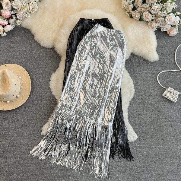 Gonne Donna Glitter Paillettes Piume Nappe Vita alta Gonna sexy Party Fashion Vintage Luxury Goth Abbigliamento primavera estate