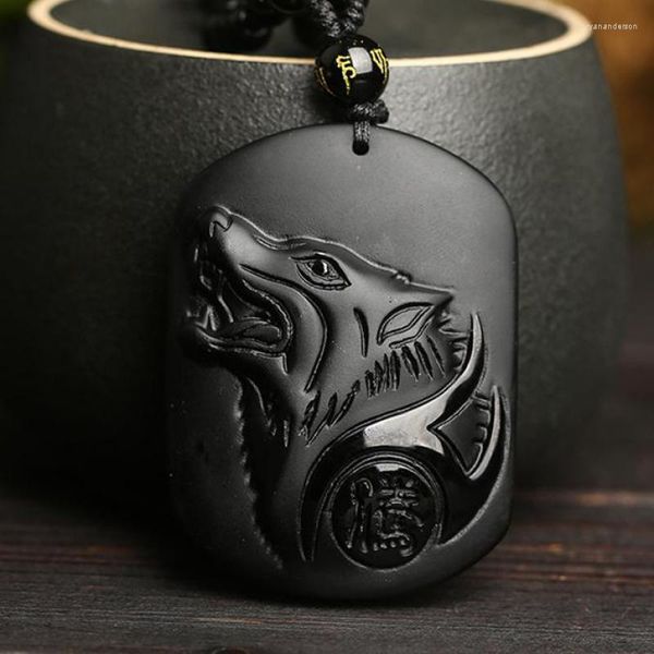 Anhänger Halsketten Natürliche Obsidian Wolf Halskette Männer Frauen Glück Amulett Fengshui Charms Schwarz Jade Kristall Hand Geschnitzte Kopf