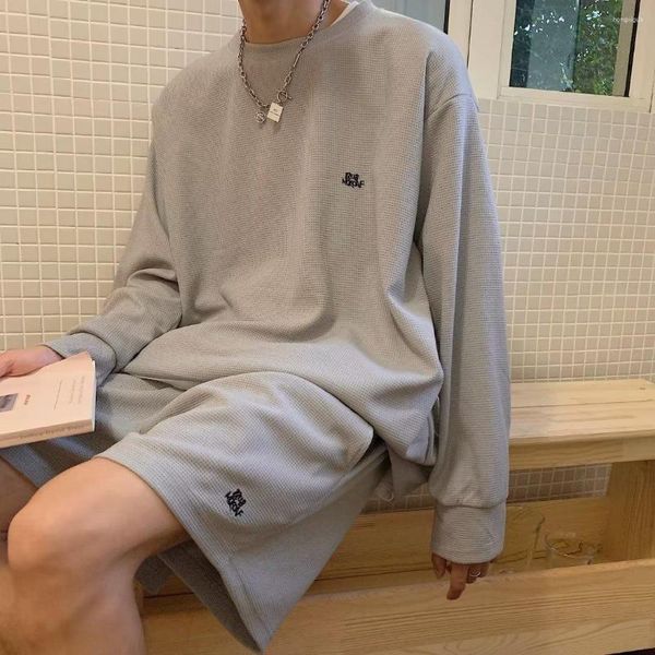 Erkeklerin Trailtsits Waffle Sıradan Takım Oğlak Uzun Kollu T-Shirt Şort Sonbahar Trendi Kore tarzı Moda Sporları İki Parçalı Set