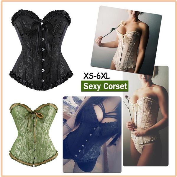 Taglie forti S-6XL Overbust Nastro di raso Volant Trim Jacquard Bustier Corsetto con lacci Nero Rosso Bianco 3XL 4XL 5XL Non imbottito Linnin2967