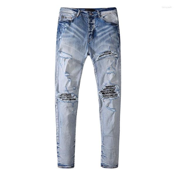 Jeans masculinos calças jeans verão europeu e americano moda buracos elástico fino ajuste casual rasgado atacado
