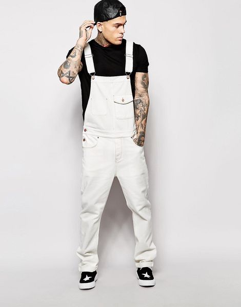 Europäische und amerikanische New Denim White Strap Strampler Slim Fit Herren Jeans Hosen Overalls New Strap Hosen