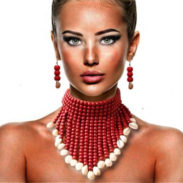 Hochzeits-Schmuck-Sets, afrikanische Statement-klobige Halsketten für Frauen, mehrsträngige bunte Perlen-Halskette, Modeschmuck, Kostüm-Ohrringe-Set 230906