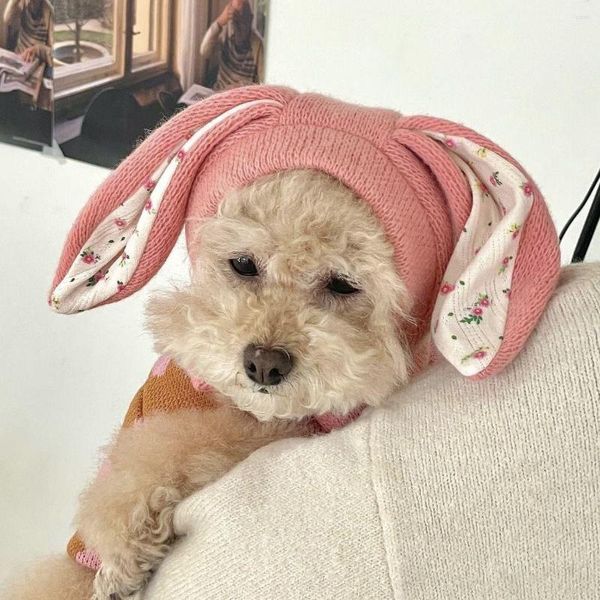 Cão vestuário ins orelha animal de estimação chapéu de malha inverno calor capa gato bonito decoração boné pomerian acessórios