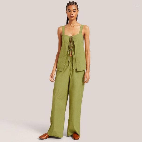 Pigiama di cotone verde degli indumenti da notte da donna Set allacciatura Abito da casa sexy per le donne Canotta e pantaloni moda chic 2023 vestiti