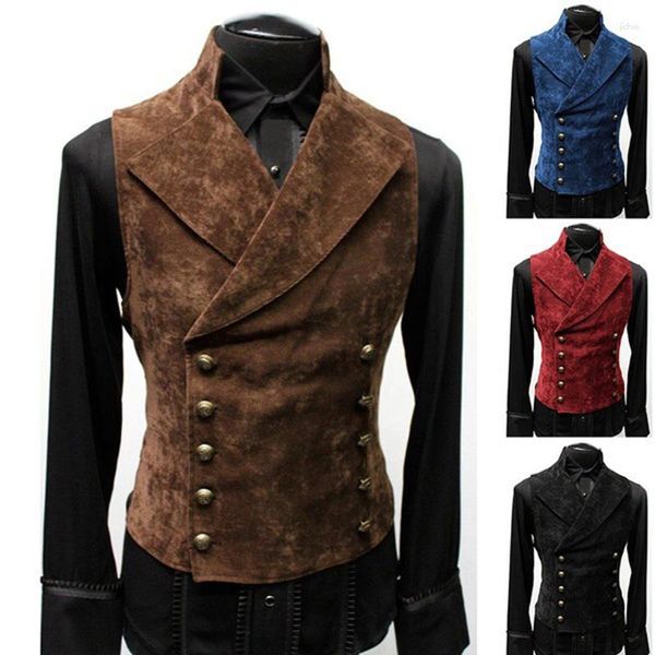 Coletes masculinos homens duplo breasted camurça colete gótico steampunk veludo moda colete palco cosplay traje de baile masculino