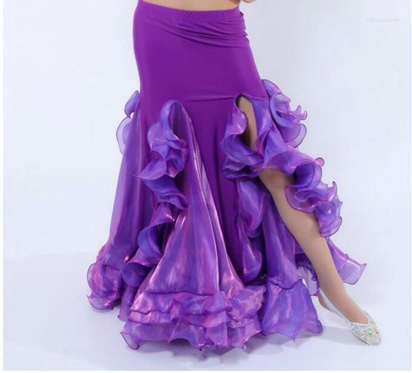 Сценическая одежда, сексуальный женский костюм для танца живота, длинная карнавальная юбка с рюшами и боковой щелью, фиолетовый, красный, белый, синий, розовый, сплошной цвет, танцевальное представление Cl